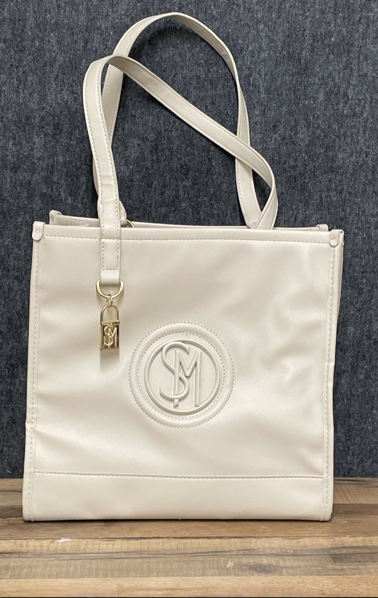 Steve Madden Beige Cream Faux Leather SM Logo Tote Bag Gold Hardware
