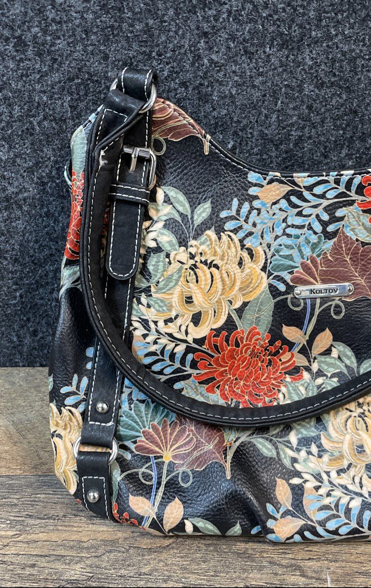 Koltov Multicolor Floral Mums Black Faux Leather Hobo Shoulder Bag Handbag