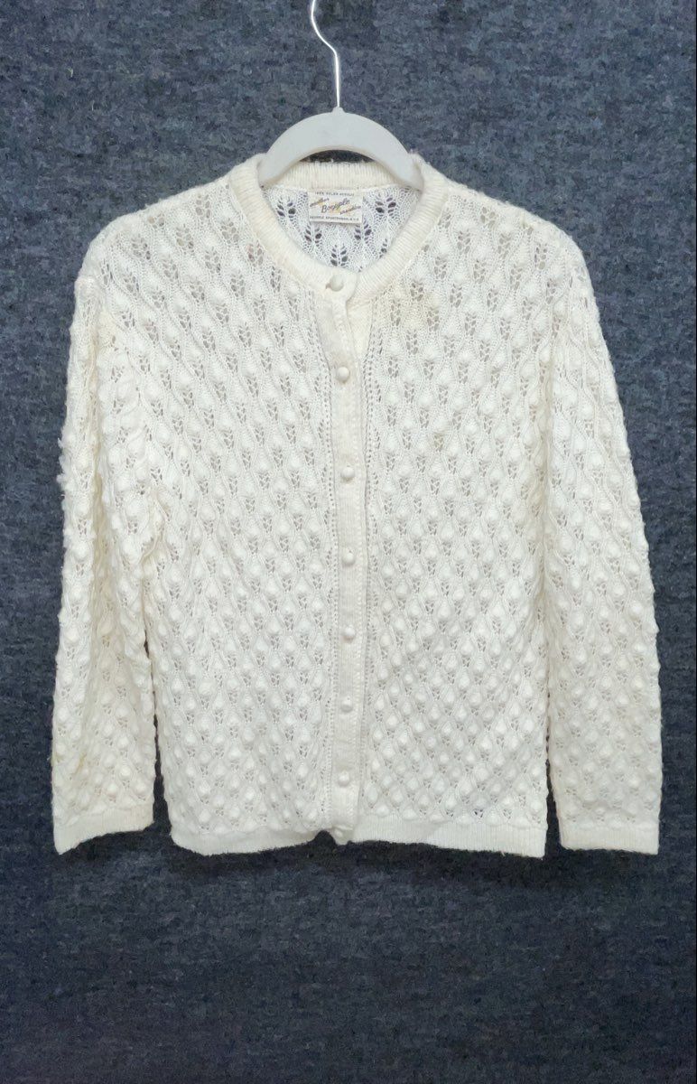 Vintage 60s Boepple White Pointelle Knit Cardigan Sweater Orlon Acrylic Sz M