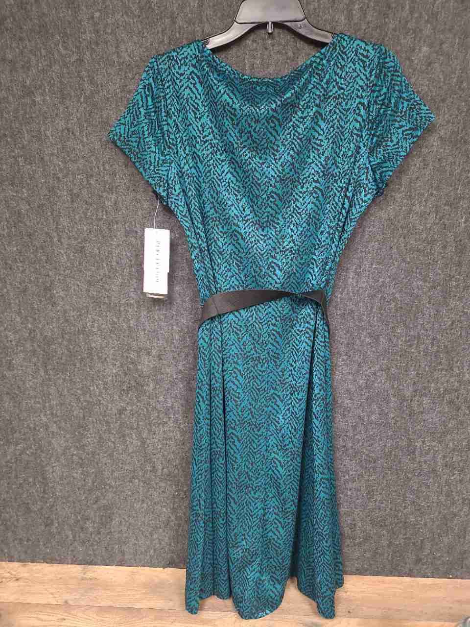 Perceptions Women's Teal Black Chevron Print Belted Cap Sleeve Dress Sz L NWT