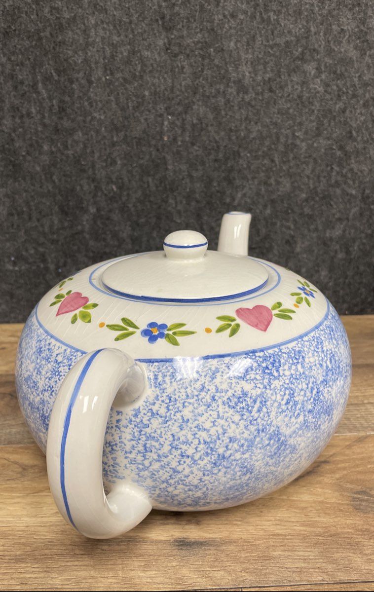 R.B. Bernarda Blue Spongeware Heart Floral Teapot Portugal Vintage Earthenware