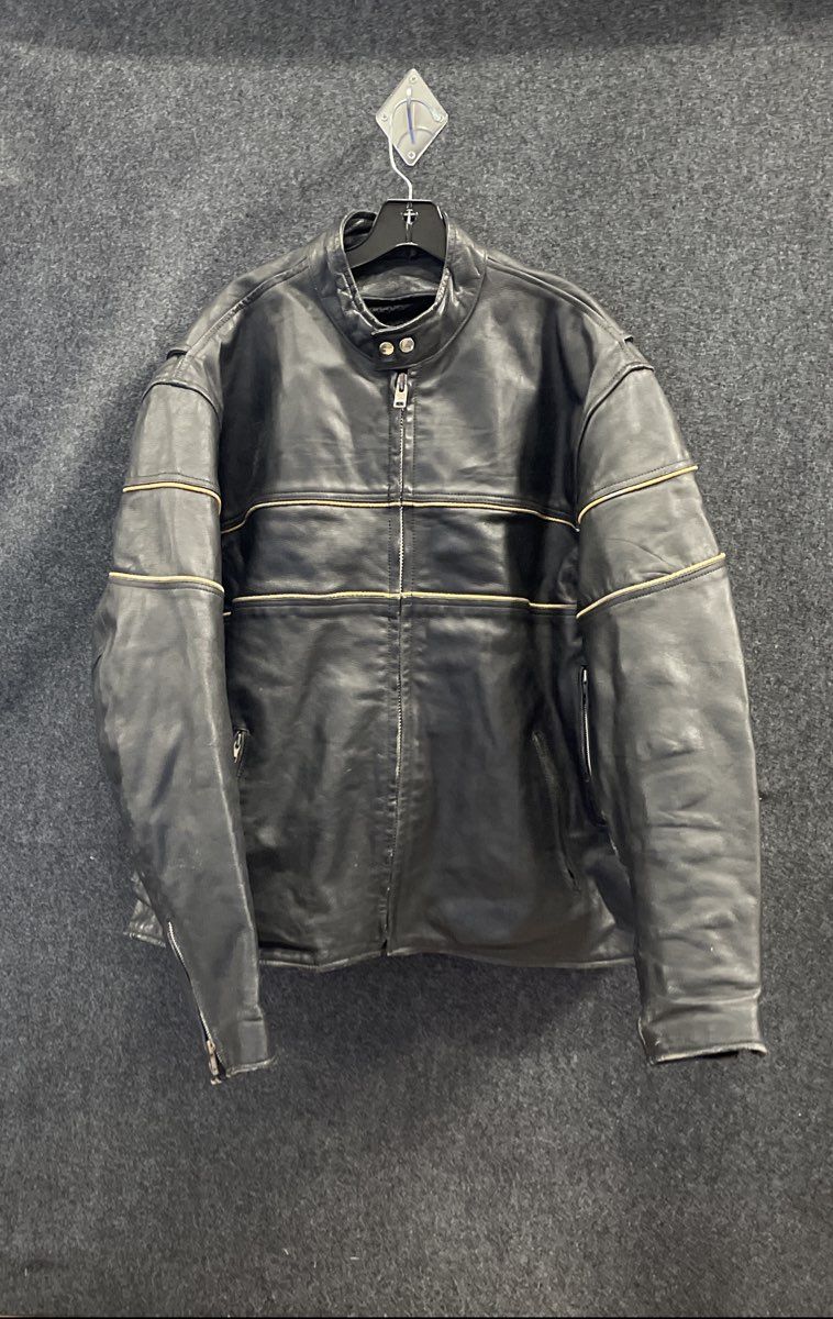 Men's Black Leather Motorcycle Jacket Tan Piping Biker Cruiser Size 52