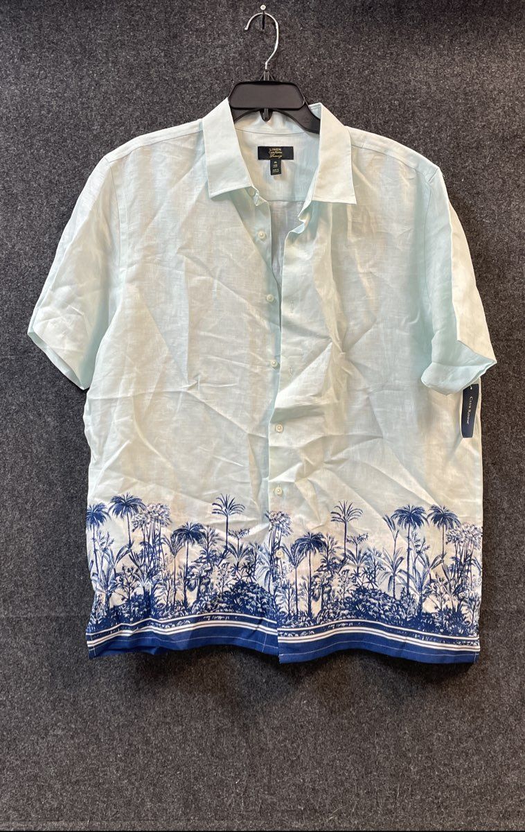 Club Room Men's Short Sleeve Linen Shirt Aqua Blue Palm Tree Border Print XL NWT