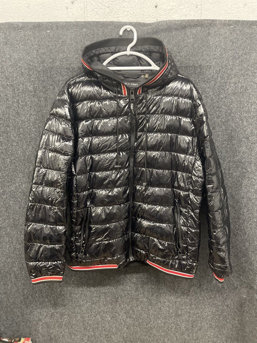 Calvin Klein Men's Black Shiny Puffer Jacket Hooded Water Resistant Sz L