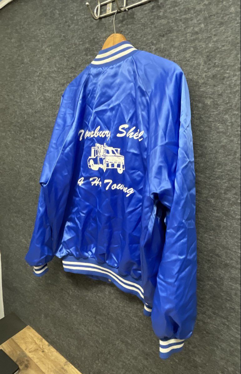 Vintage 80s Thornburg Shell 24 Hr Towing Satin Bomber Jacket Blue XL USA