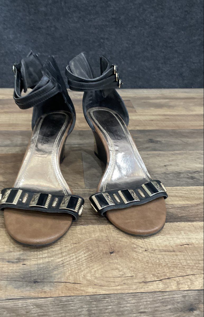 Hot Tomato Black Gold Embellished Ankle Strap Wedge Sandals Women's Size 10M