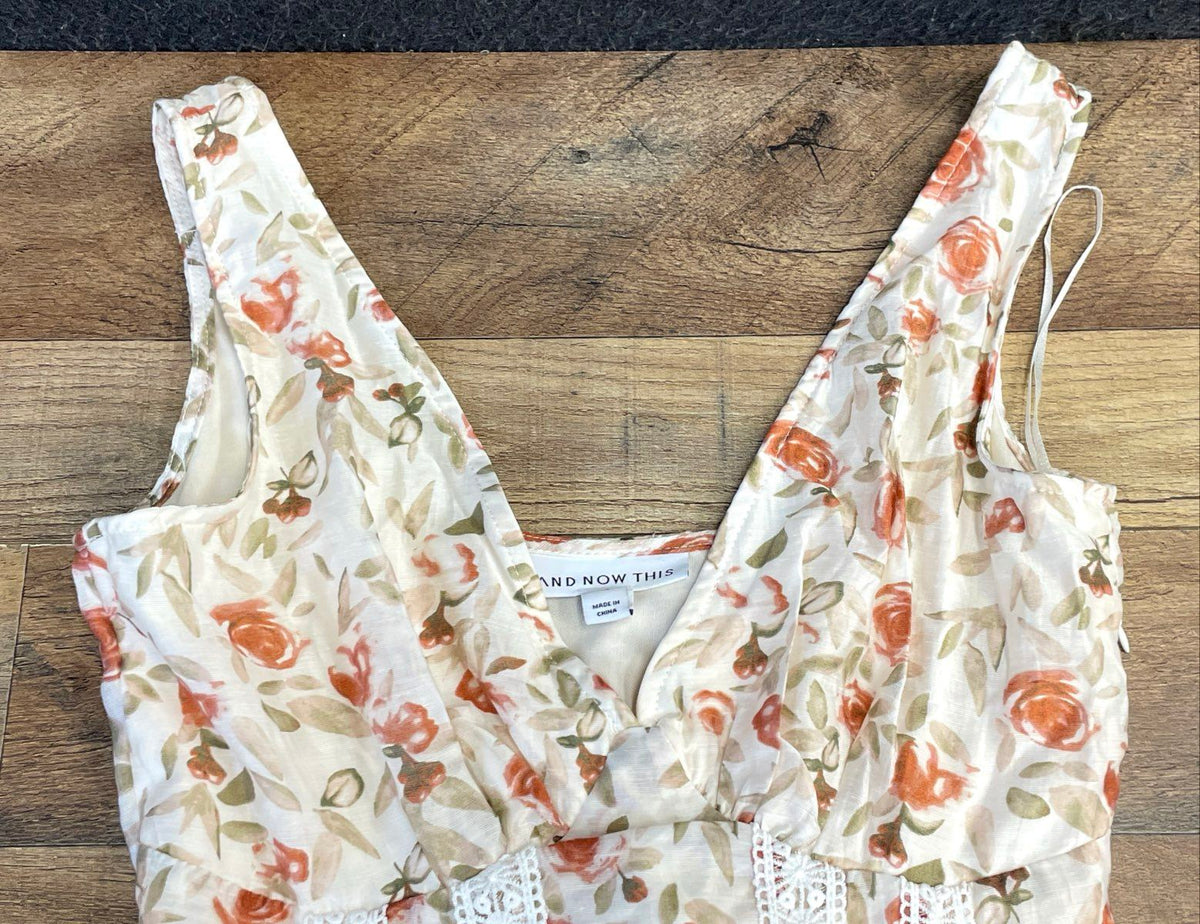 And Now This Women's Floral Maxi Dress Orange Cream Lace Trim Peplum Sz XS