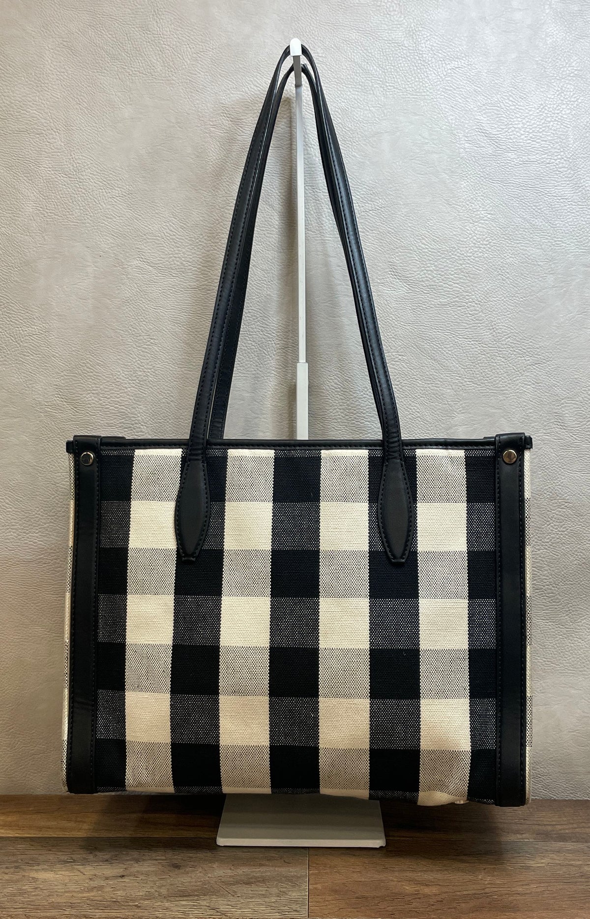 Kate Spade Black White Gingham Canvas Leather Manhattan Tote Bag