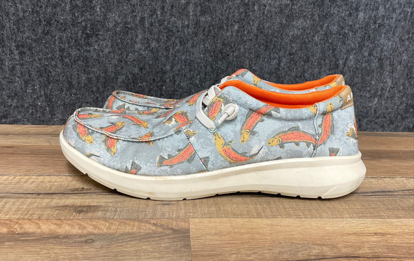 Ariat Hilo Trout Print Grey Canvas Slip On Casual Shoes Men's Size 10.5