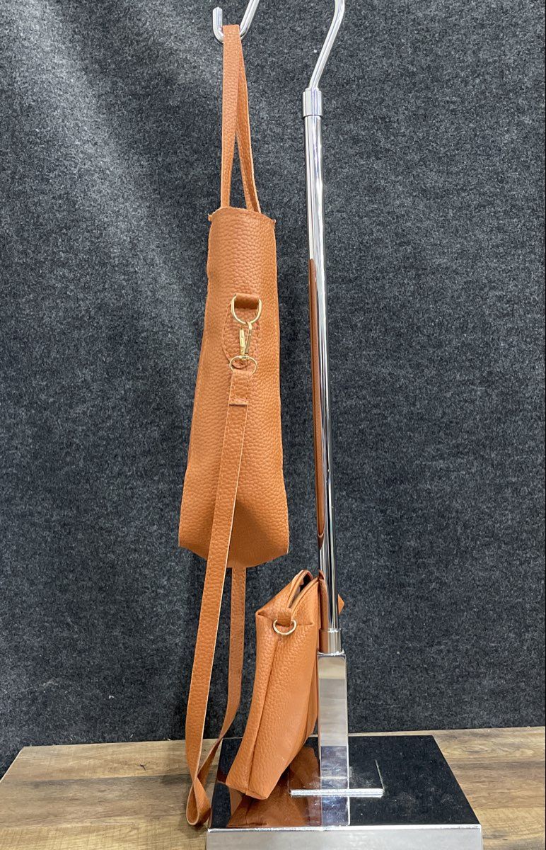 Jingpin Brown Leather Tote Bag & Pouch Set Crossbody Strap Gold Hardware