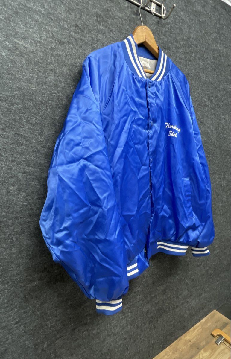 Vintage 80s Thornburg Shell 24 Hr Towing Satin Bomber Jacket Blue XL USA