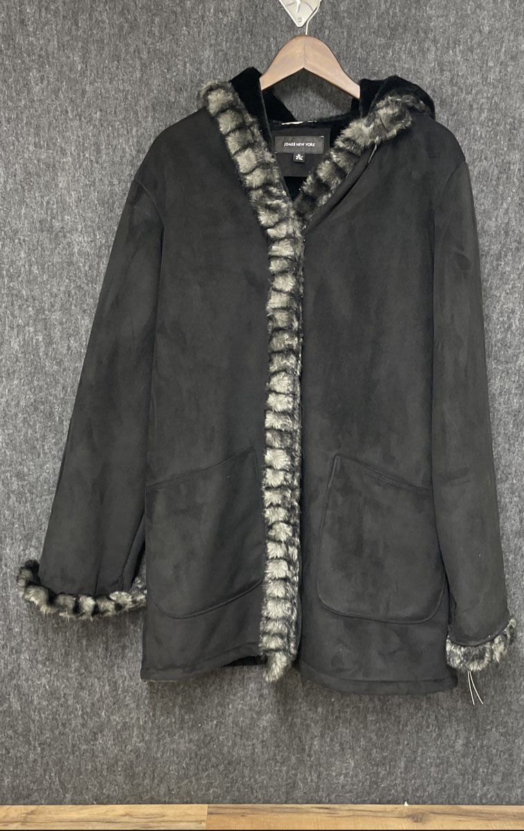 Jones New York Women's Black Faux Suede Faux Fur Trim Hooded Winter Coat Sz XL