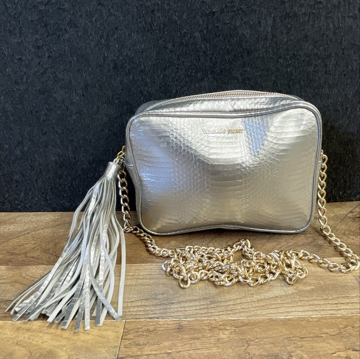 Victoria's Secret Silver Metallic Embossed Crossbody Bag Gold Chain Tassel