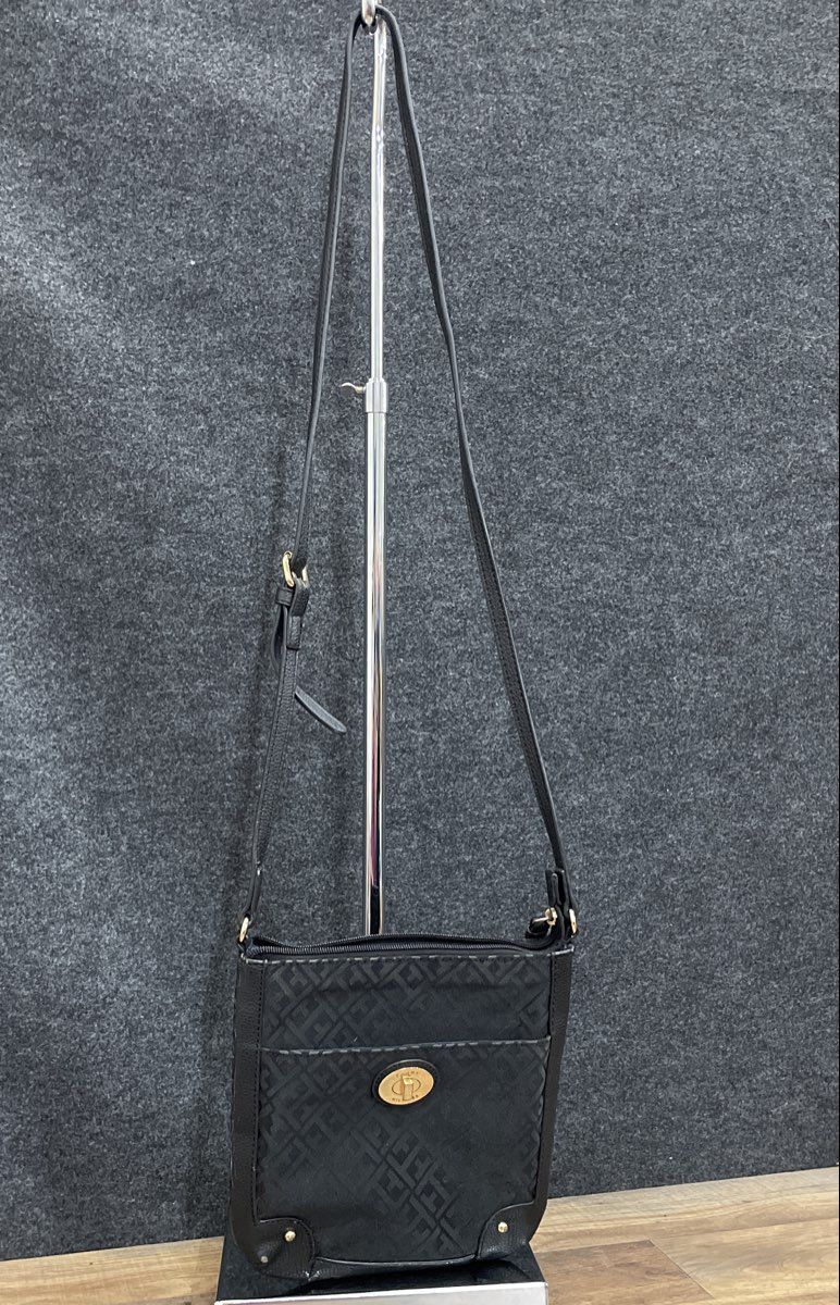 Tommy Hilfiger Green Monogram Fabric Black Leather Mini Crossbody Purse Bag