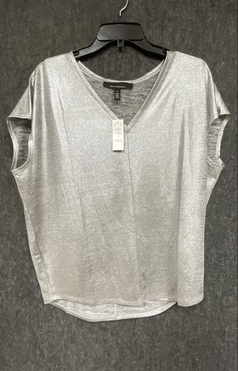 White House Black Market Women's Silver Metallic V-Neck Cap Sleeve Top NWT Sz M