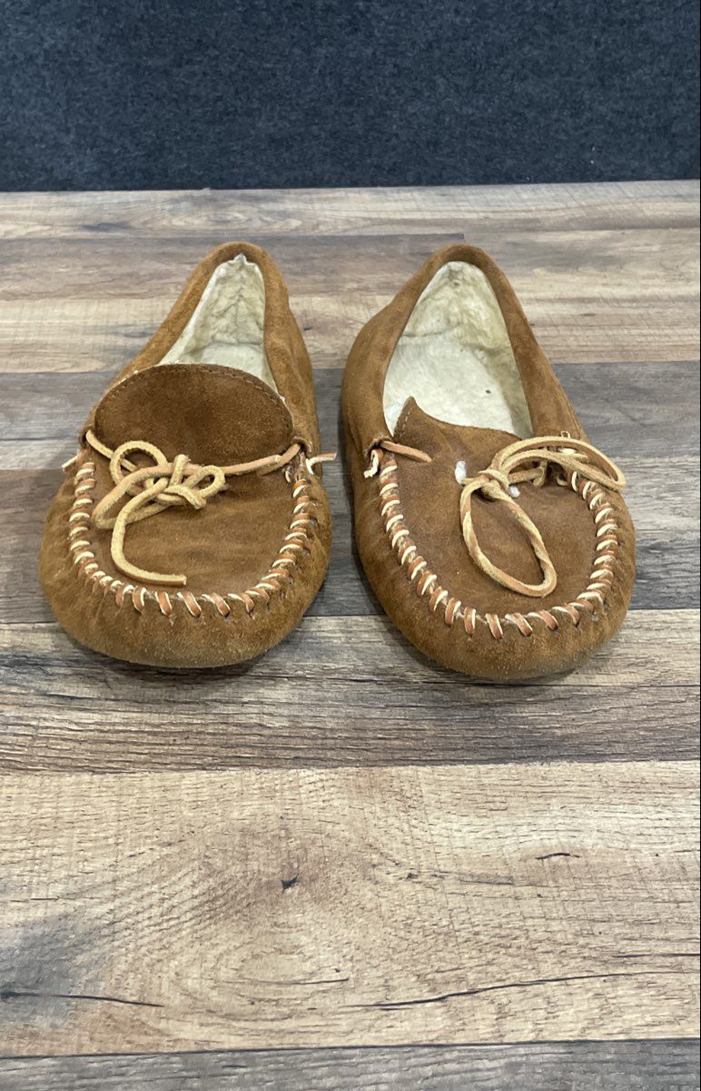 Brown Suede Shearling Lined Moccasin Slippers Soft Sole Loafers 12 Inch Length