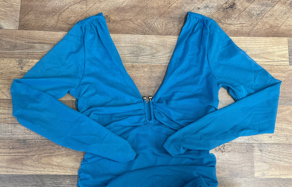 Anthropologie Turquoise Ruched Long Sleeve V-Neck Maxi Dress Size S NWT