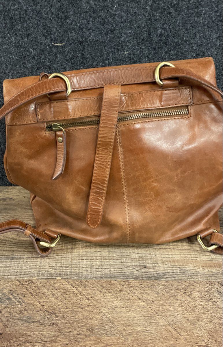 Diba True Cognac Brown Leather Flap Backpack Purse Whipstitch Boho Bag