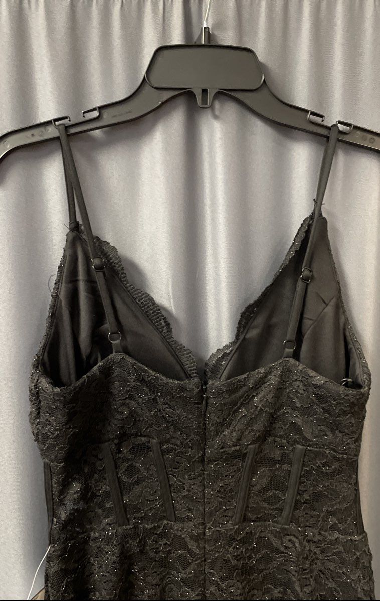 Morgan & Co. Women's Black Lace Glitter Corset Bodice Slit Formal Dress Sz 7 NWT