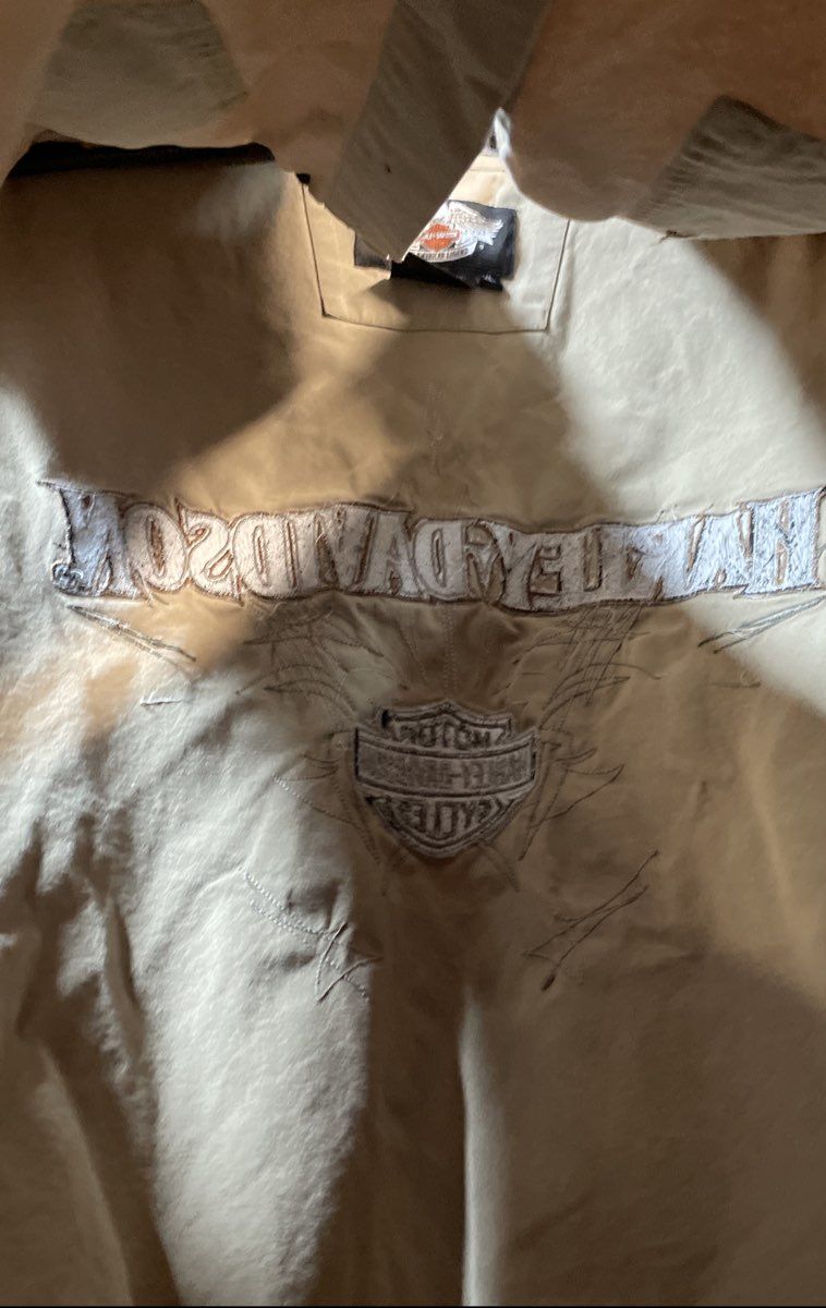 Harley-Davidson Khaki Canvas Sleeveless Embroidered Biker Shirt Sz XL