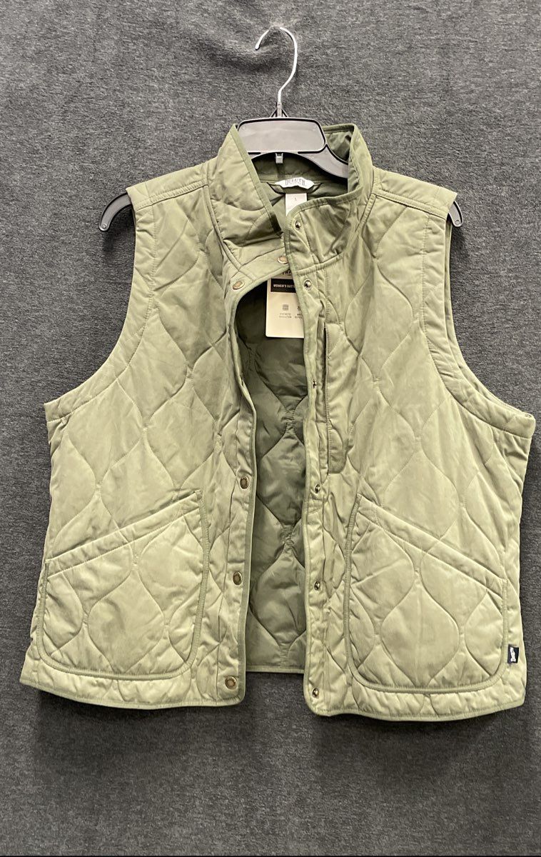 Duluth Trading Co Women's Potter's Hill Quilted Vest Olive Green Snap Front Sz L