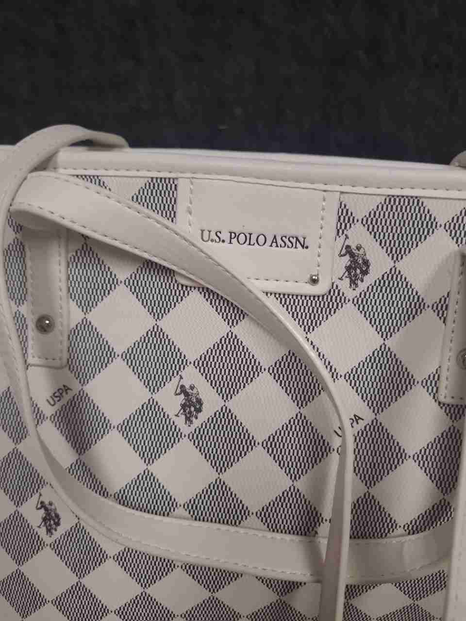 U.S. Polo Assn. White Checkered Monogram Tote Bag Large Red Interior