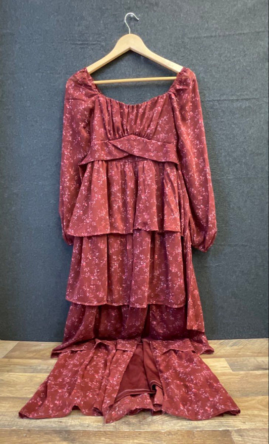Francesca's Women's Martina Tiered Maxi Dress Burgundy Floral Long Sleeve XS