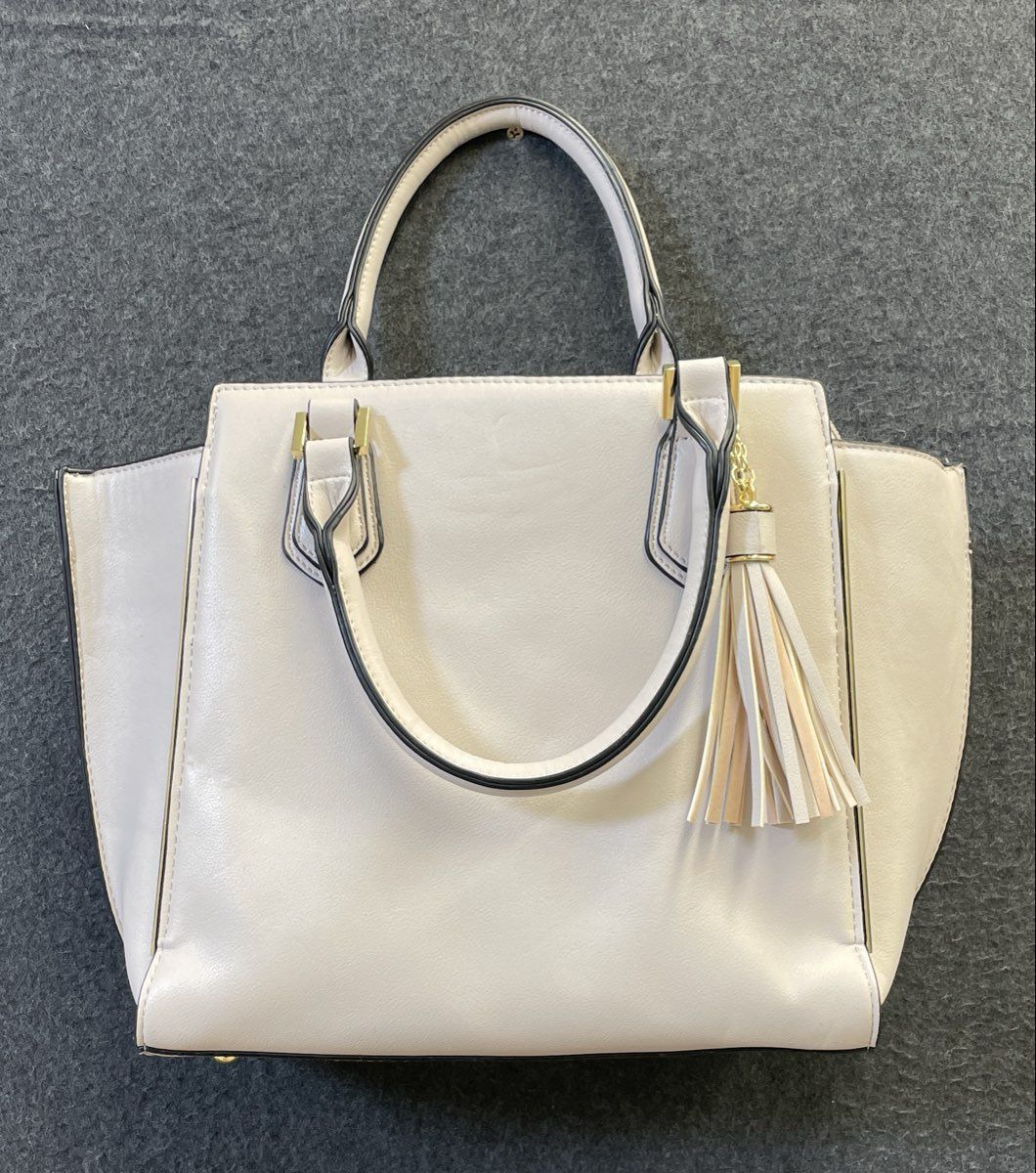 Charming Charlie Ivory Faux Leather Tassel Satchel Shoulder Bag NWT Gold