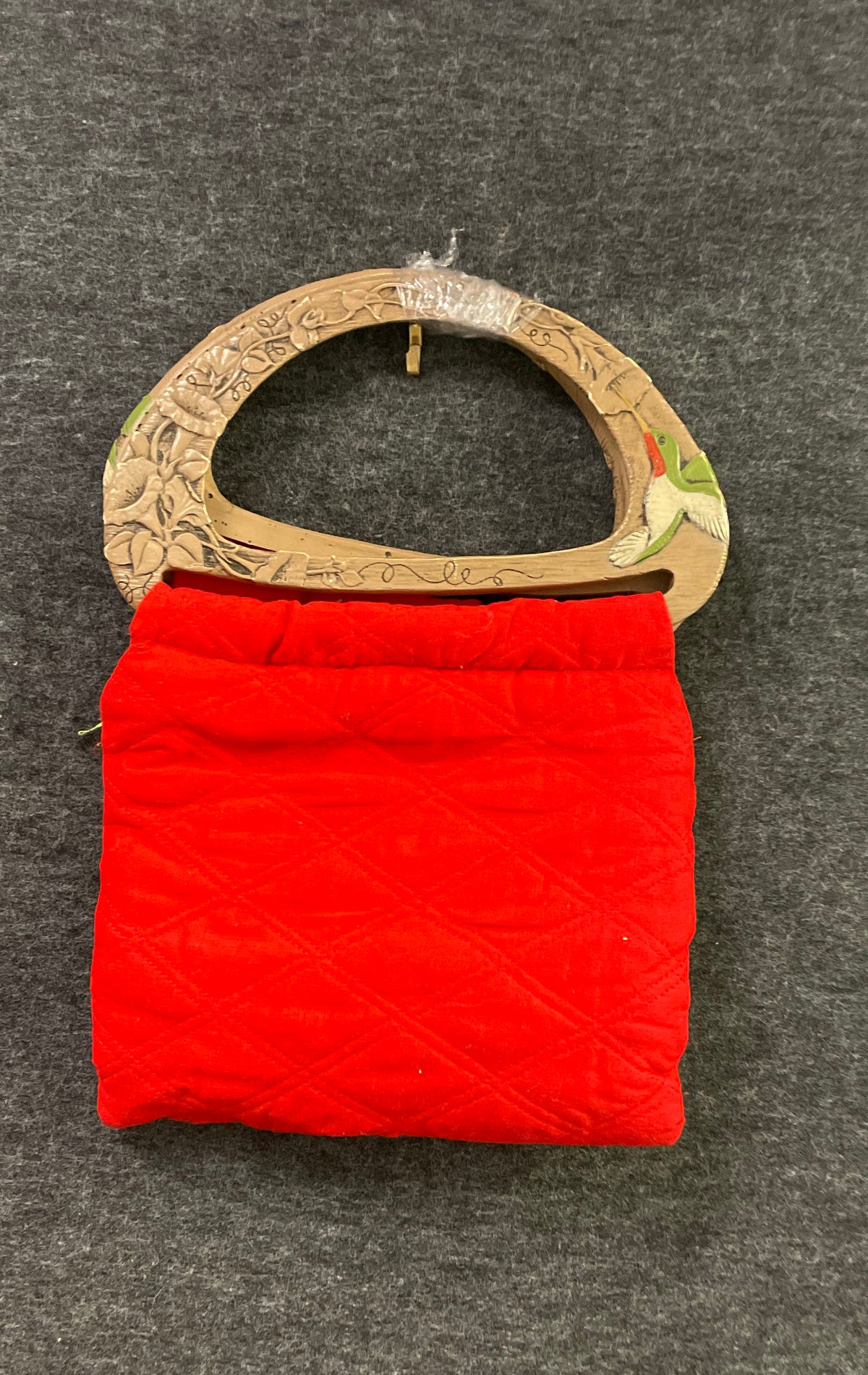Vintage 1970s Red Quilted Handbag Carved Hummingbird Floral Wood Handle