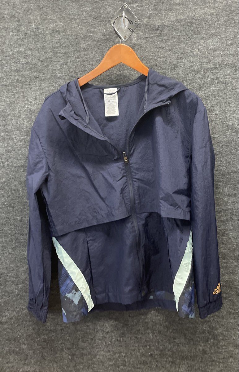 Adidas Women's Navy Blue Camo Graphic Hooded Windbreaker Jacket Full Zip Sz M
