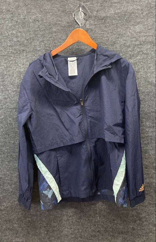 Adidas Women's Navy Blue Camo Graphic Hooded Windbreaker Jacket Full Zip Sz M
