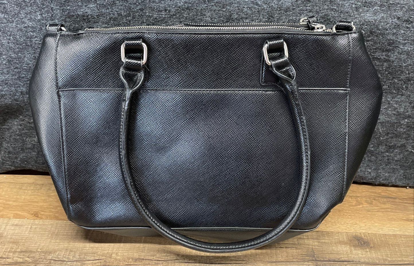 Jones New York Black Faux Saffiano Leather Satchel Tote Handbag Silver Hardware