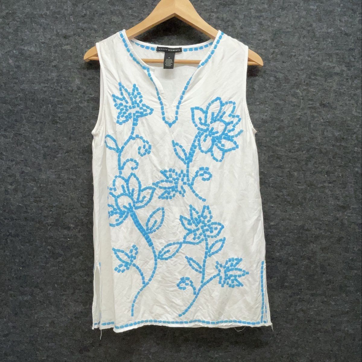 Grace Elements Women's White Blue Floral Embroidered Linen Blend Tunic Sz M