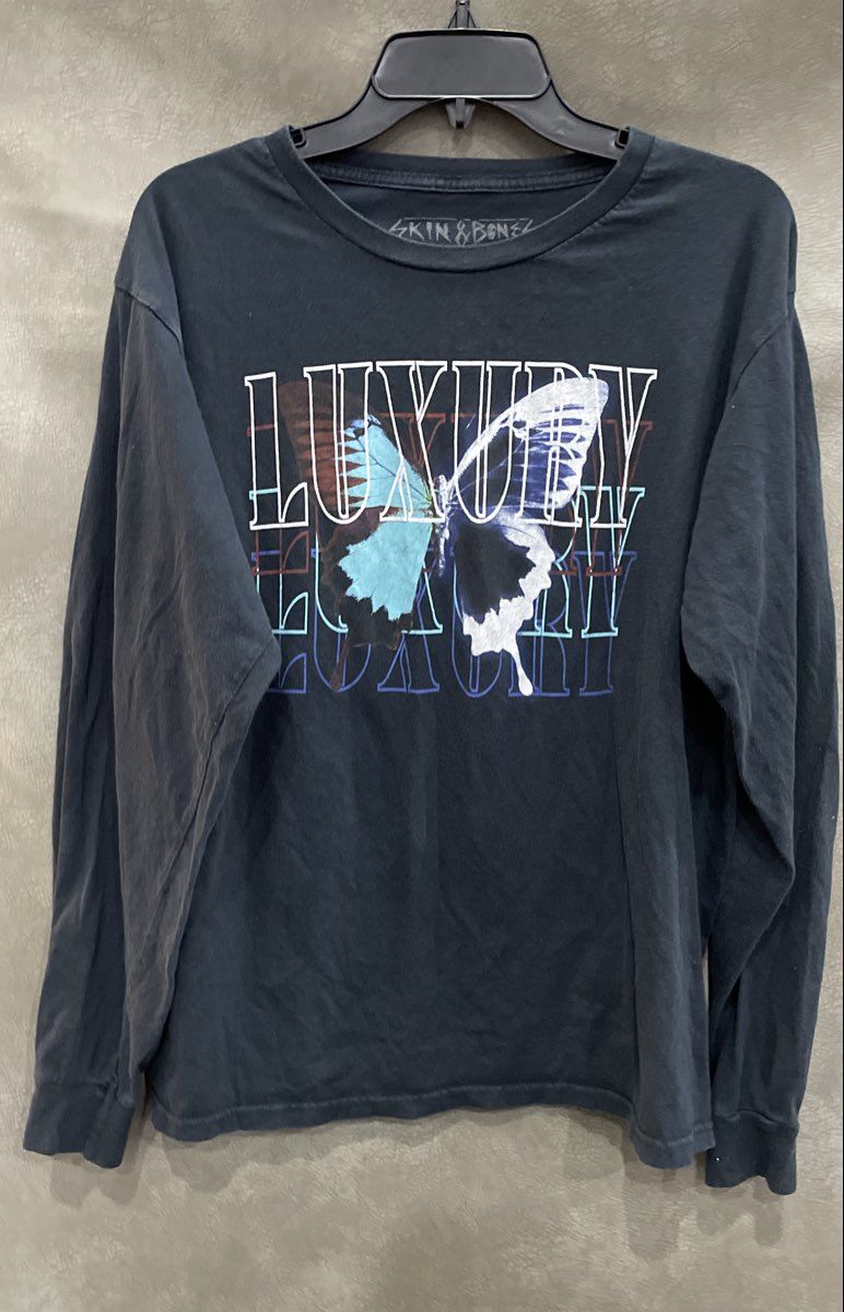 Skin & Bones Men's Navy Blue Long Sleeve Luxury Butterfly Outsider Shirt Sz L