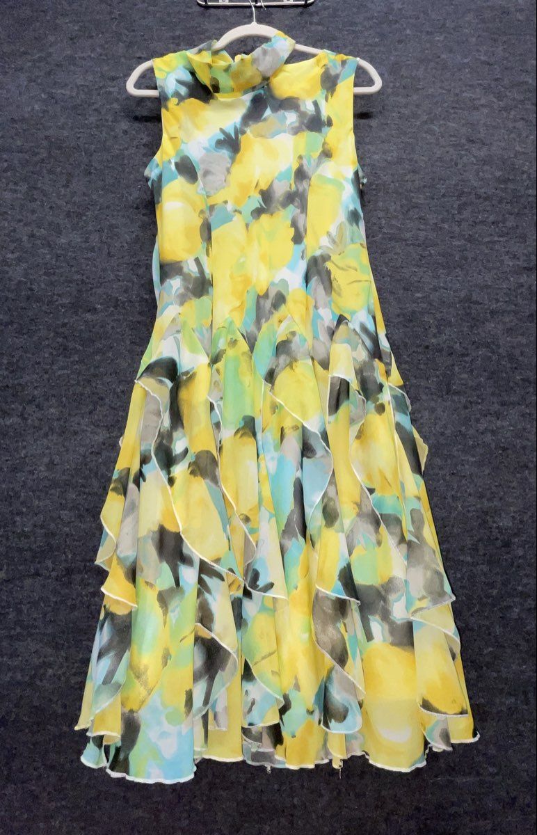Robbie Bee Women's Yellow Floral Tiered Ruffle Tie Neck Dress Size M