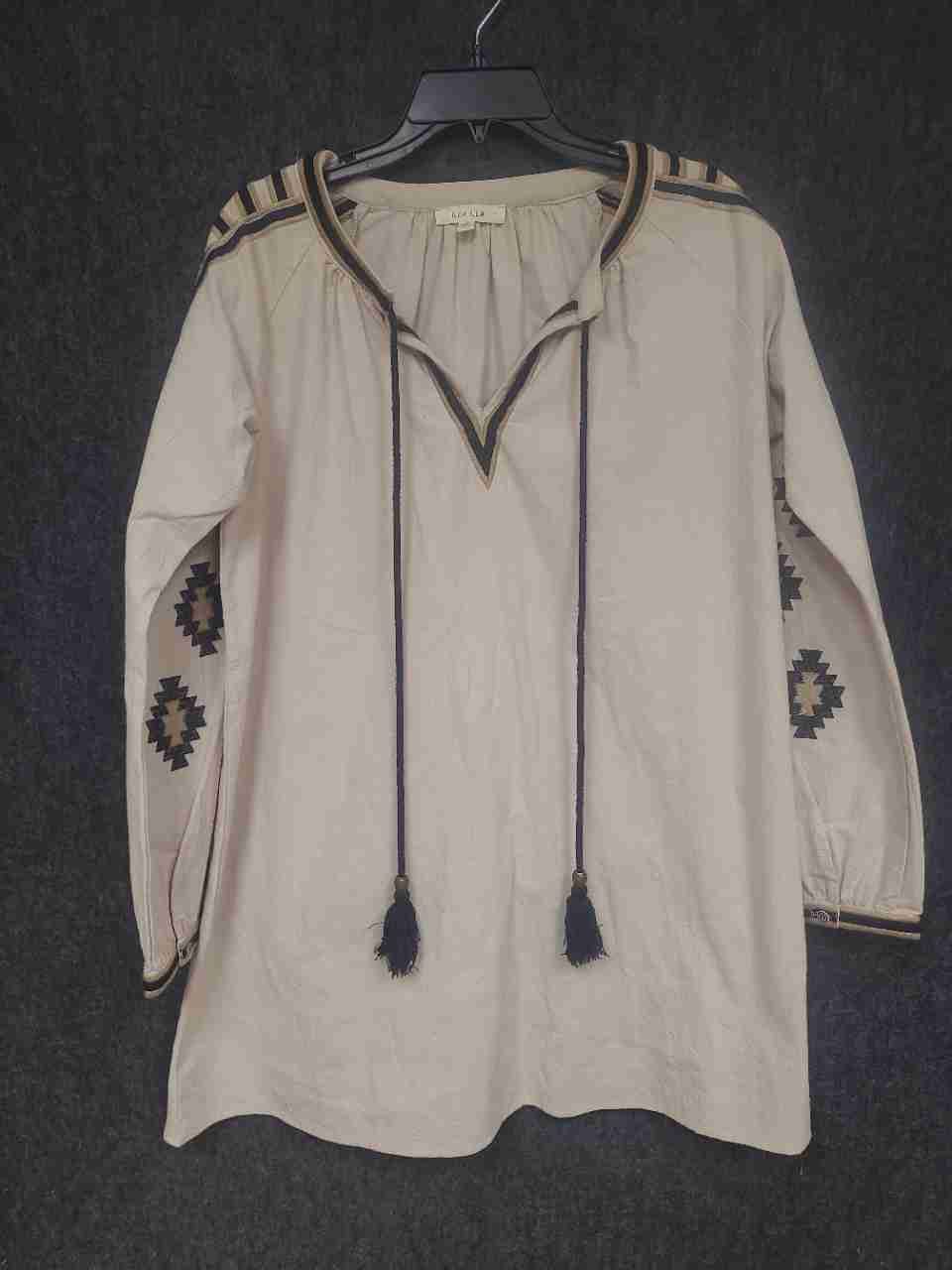 Ila Illa Women's Beige Embroidered Cotton Boho V-Neck Tunic Blouse Sz S