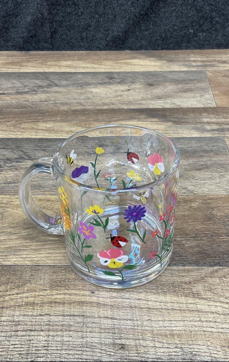 Hand Painted Glass Mug Wildflower Garden Ladybug Bee Floral Clear Coffee Cup