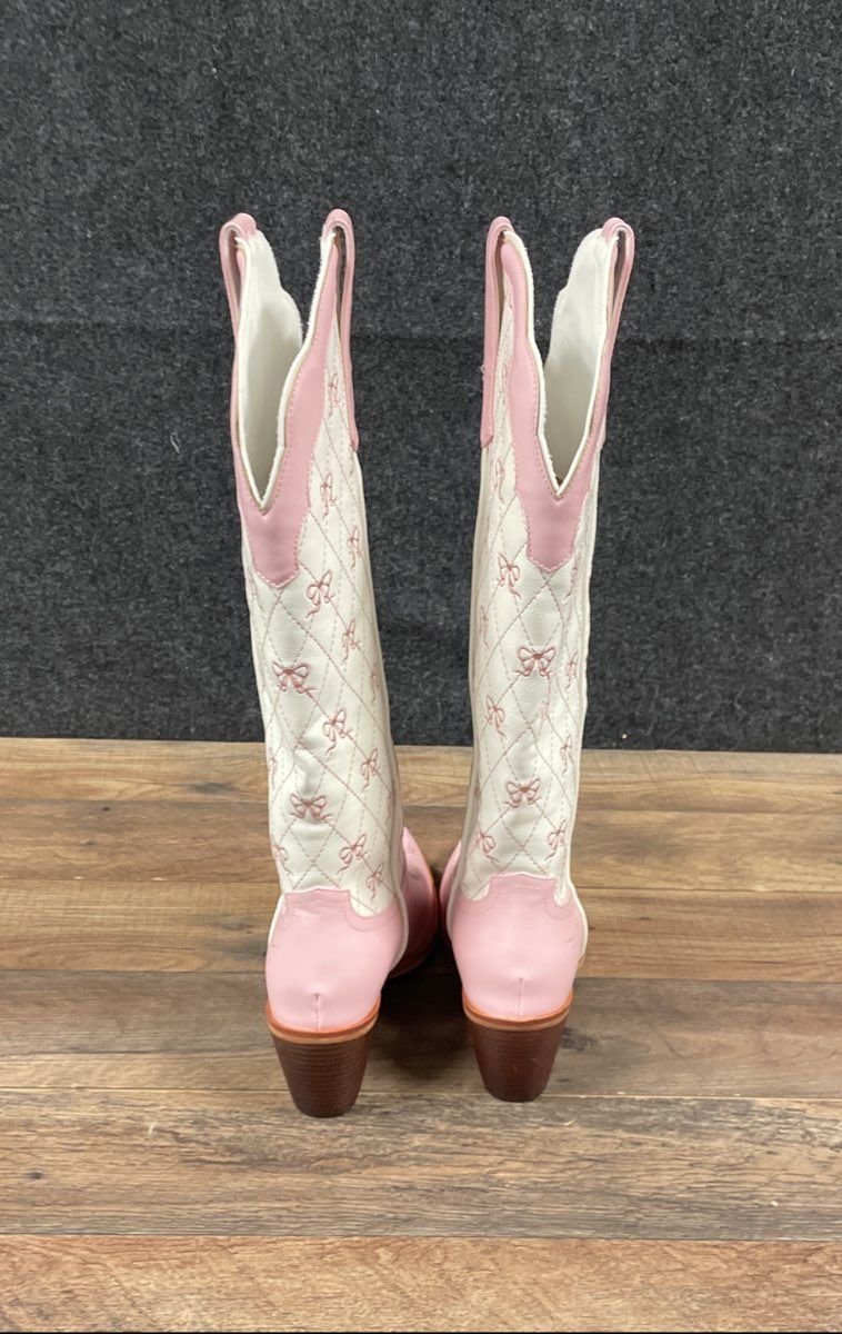 Pink White Bow Embroidered Quilted Western Cowboy Boots Women's Size 8