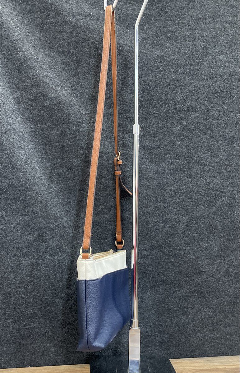 Anne Klein Navy Blue White Pebbled Leather Crossbody Shoulder Bag Gold Tone
