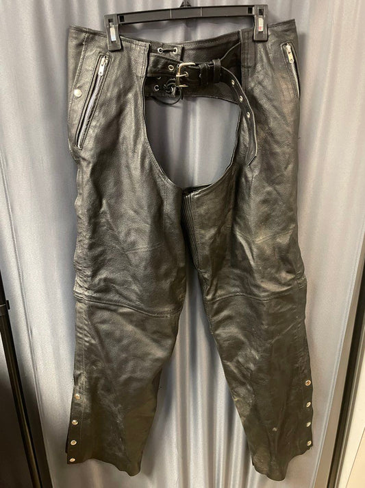 Highway Hawks Men's Black Leather Riding Chaps Biker Zipper Snap Sz XL