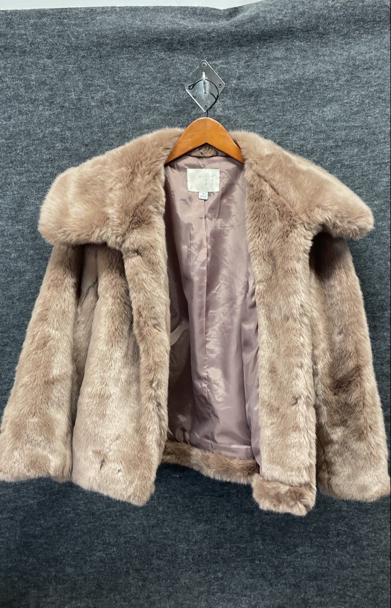 A New Day Women's Taupe Brown Faux Fur Coat Wide Collar Open Front Size S