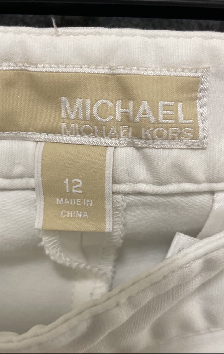 Michael Kors Women's White Slim Fit Stretch Cotton Pants Gold Logo Hardware 12