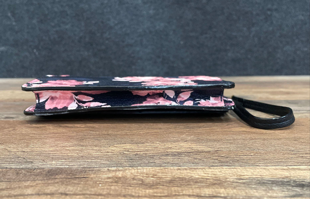 Victoria's Secret Black Pink Floral Leather Wristlet Wallet Clutch V Logo