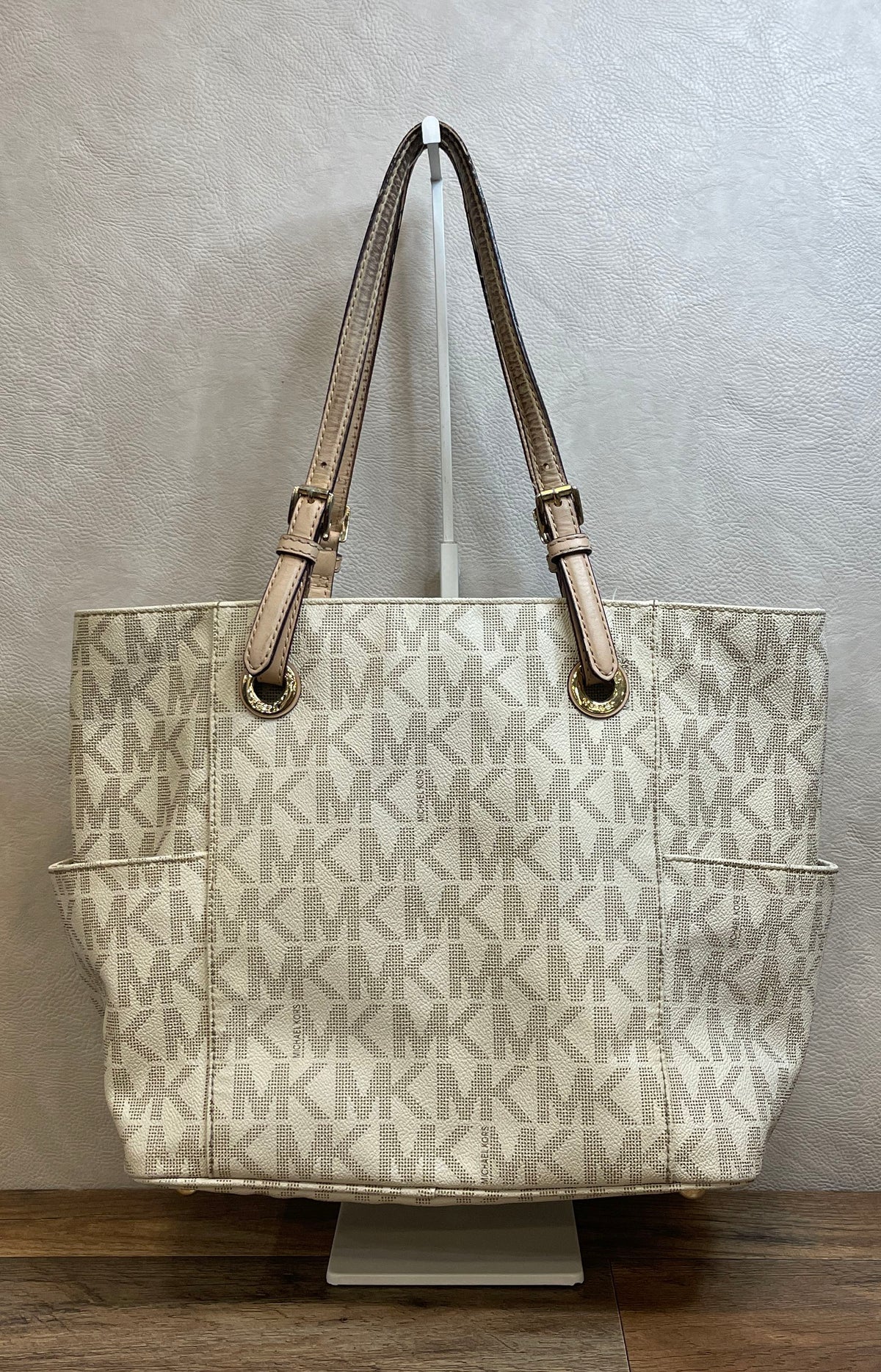 Michael Kors White Signature Jet Set Tote Bag Leather Trim Gold Hardware