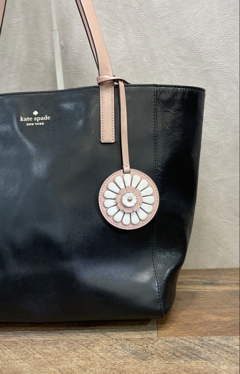 Kate Spade Black and Pink Leather Tote Bag with Daisy Flower Charm