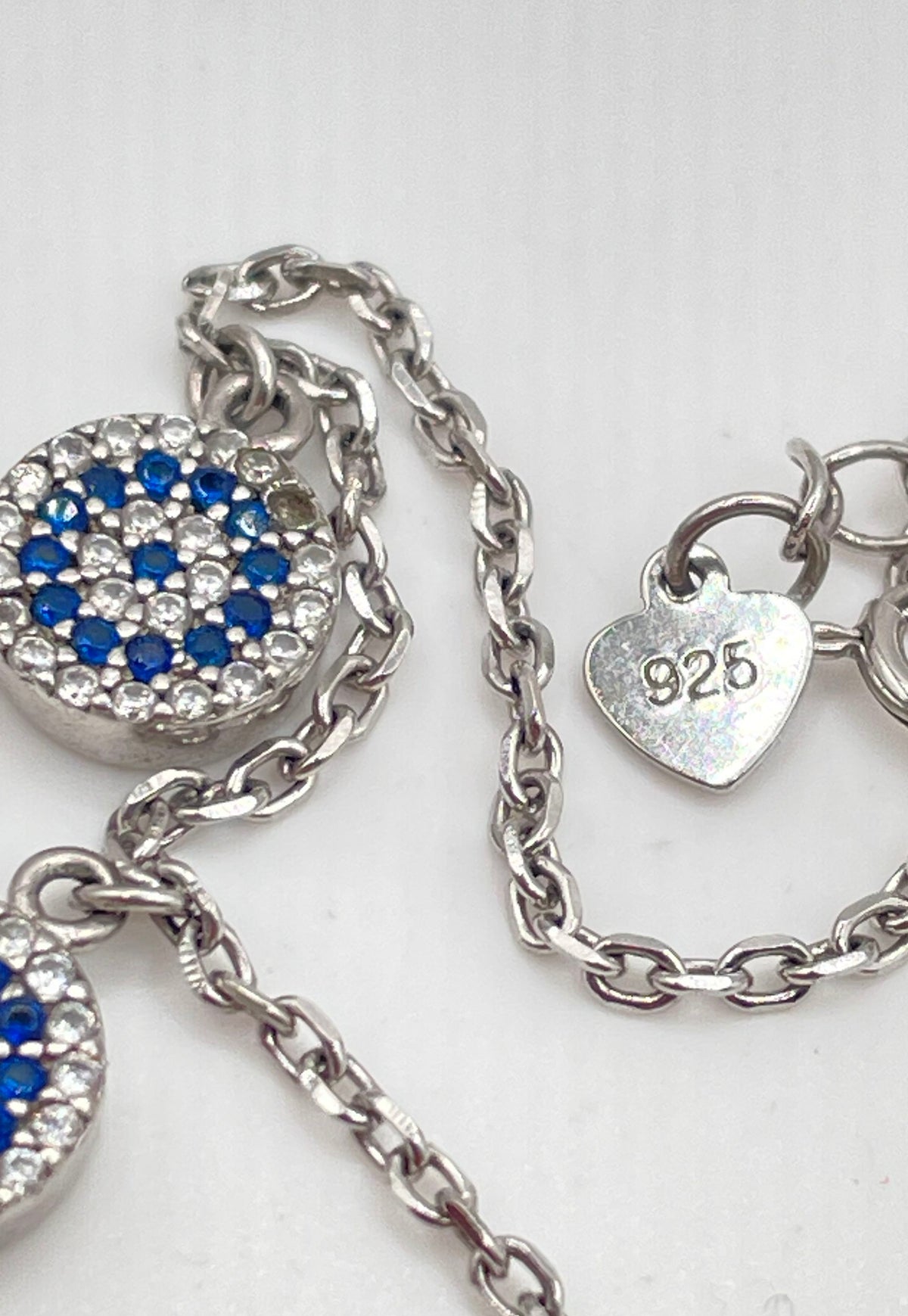 925 Sterling Silver Blue & White CZ Evil Eye Charm Link Bracelet 5.6g