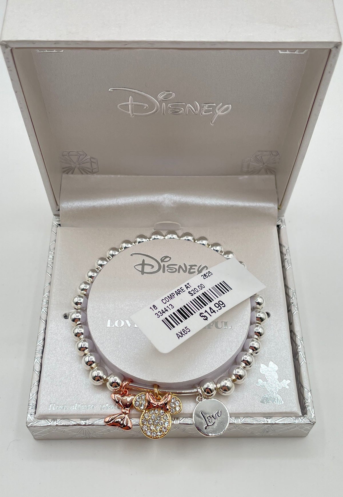 Disney Tri-Tone Minnie Mouse Love Is Bowtiful Charm Bracelet In Box