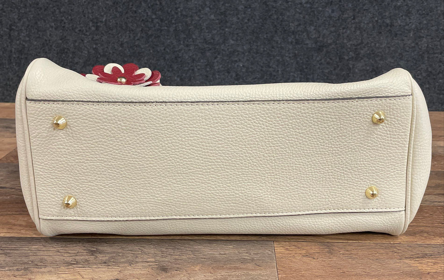 Made in Italy Cream Pebbled Leather Shoulder Bag Floral Charm Gold Hardware