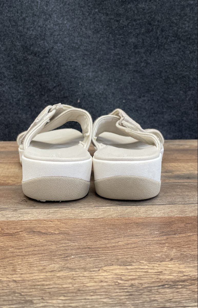 Clarks Cloudsteppers White Tan Striped Adjustable Slide Sandals Women's Size 10W