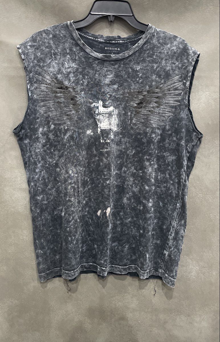 Sonoma Men's Grey Acid Wash Eagle Wings Guitar Graphic Sleeveless Shirt Sz L